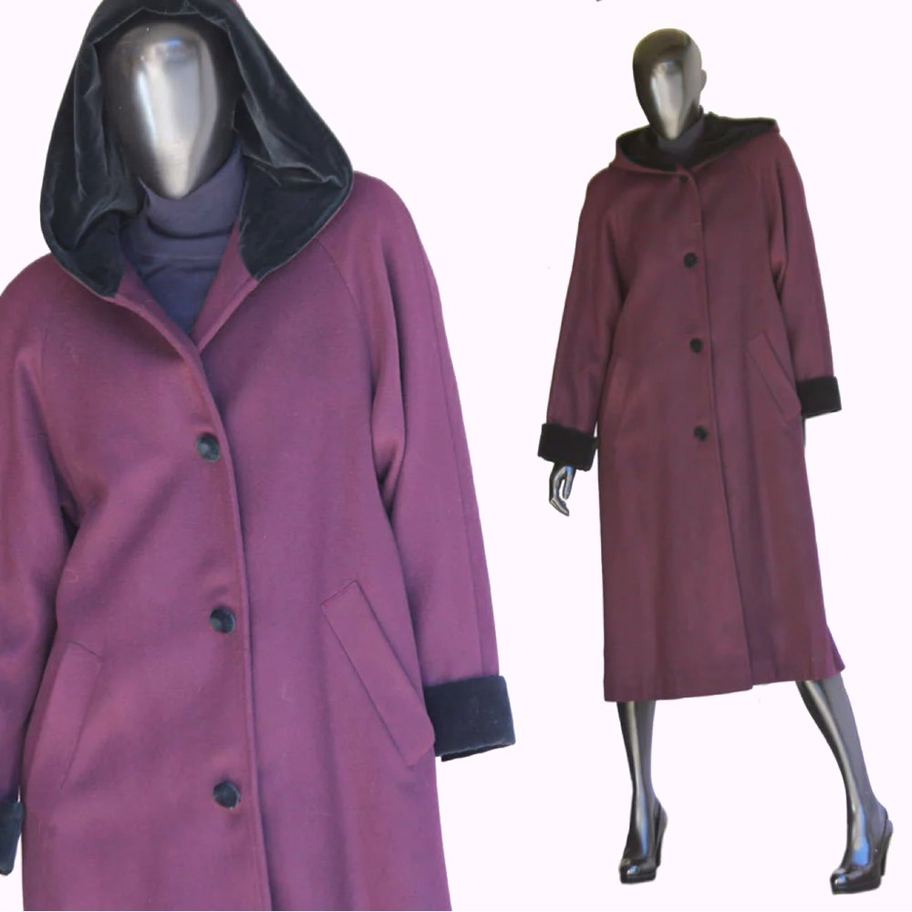 Vintage Jacqueline Ferrar 100% Wool Hooded Coat – Burgundy – Size 10